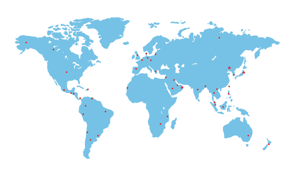 世界50カ国以上との取引実績を示すグローバルネットワークマップ。産業機械・ステンレス容器の輸出入拠点